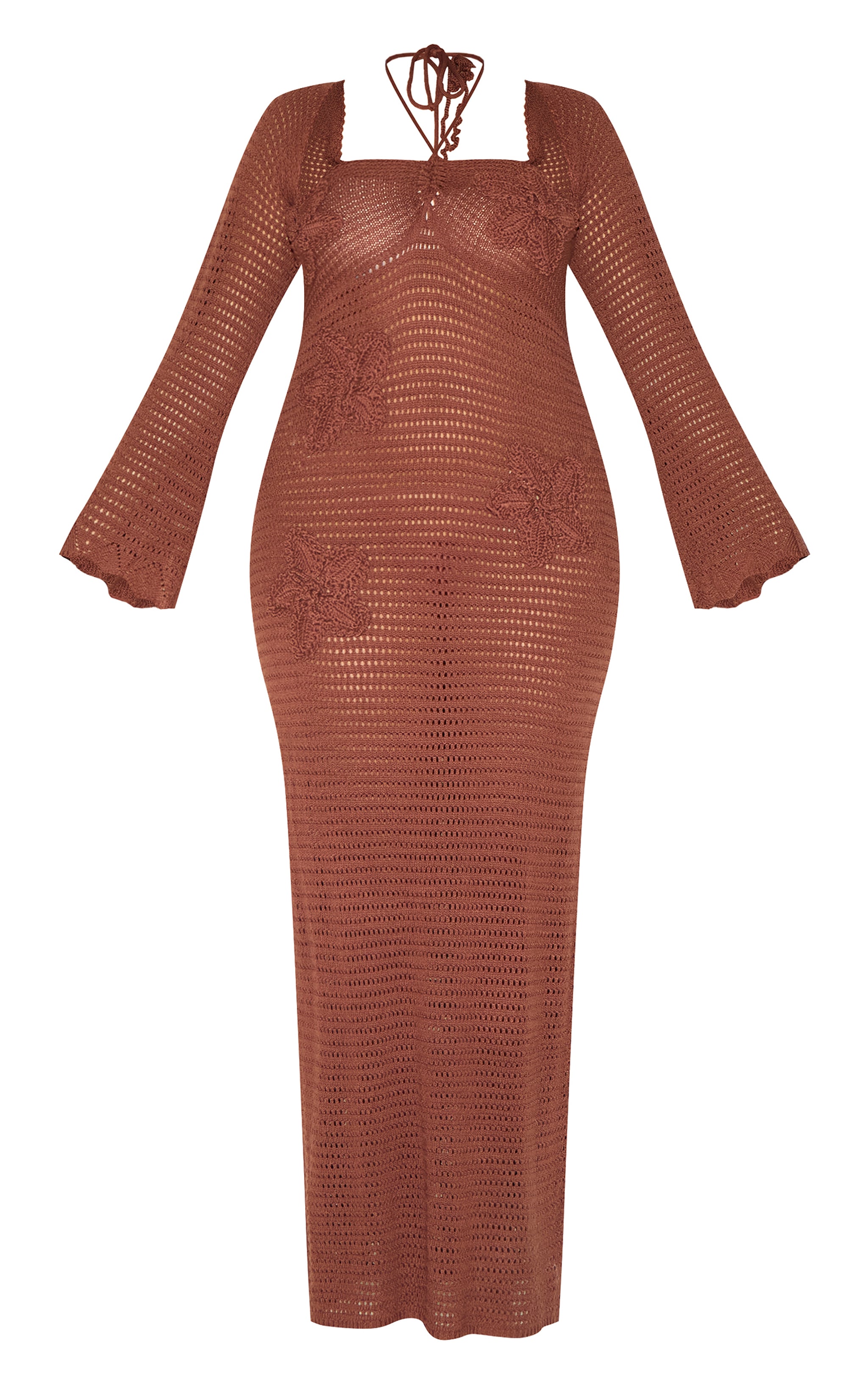 Plus Chocolate Flower Applique Long Sleeve Crochet Maxi Dress image 5