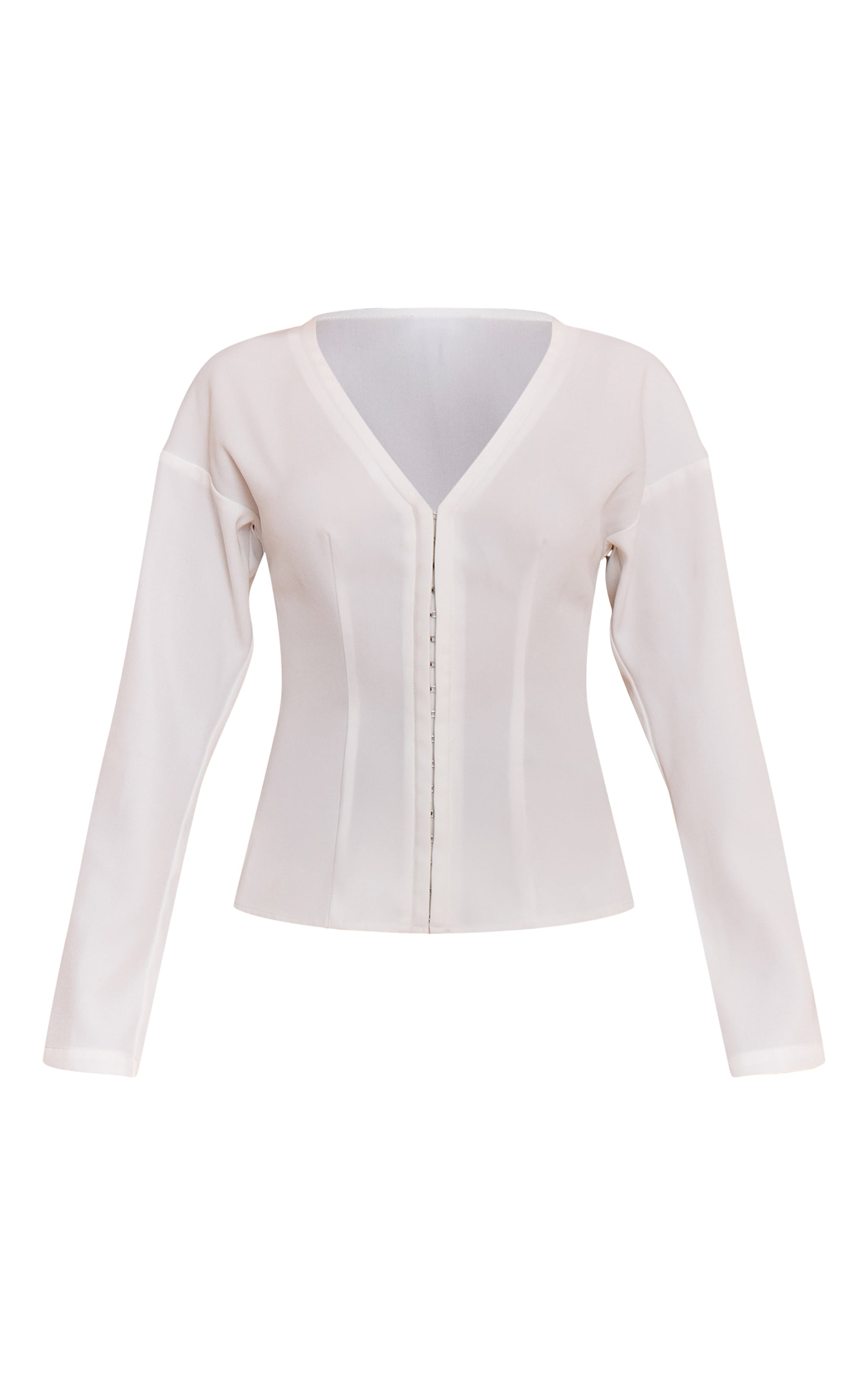 Petite White Collarless Hook And Eye Cinched Waist Long Top image 5