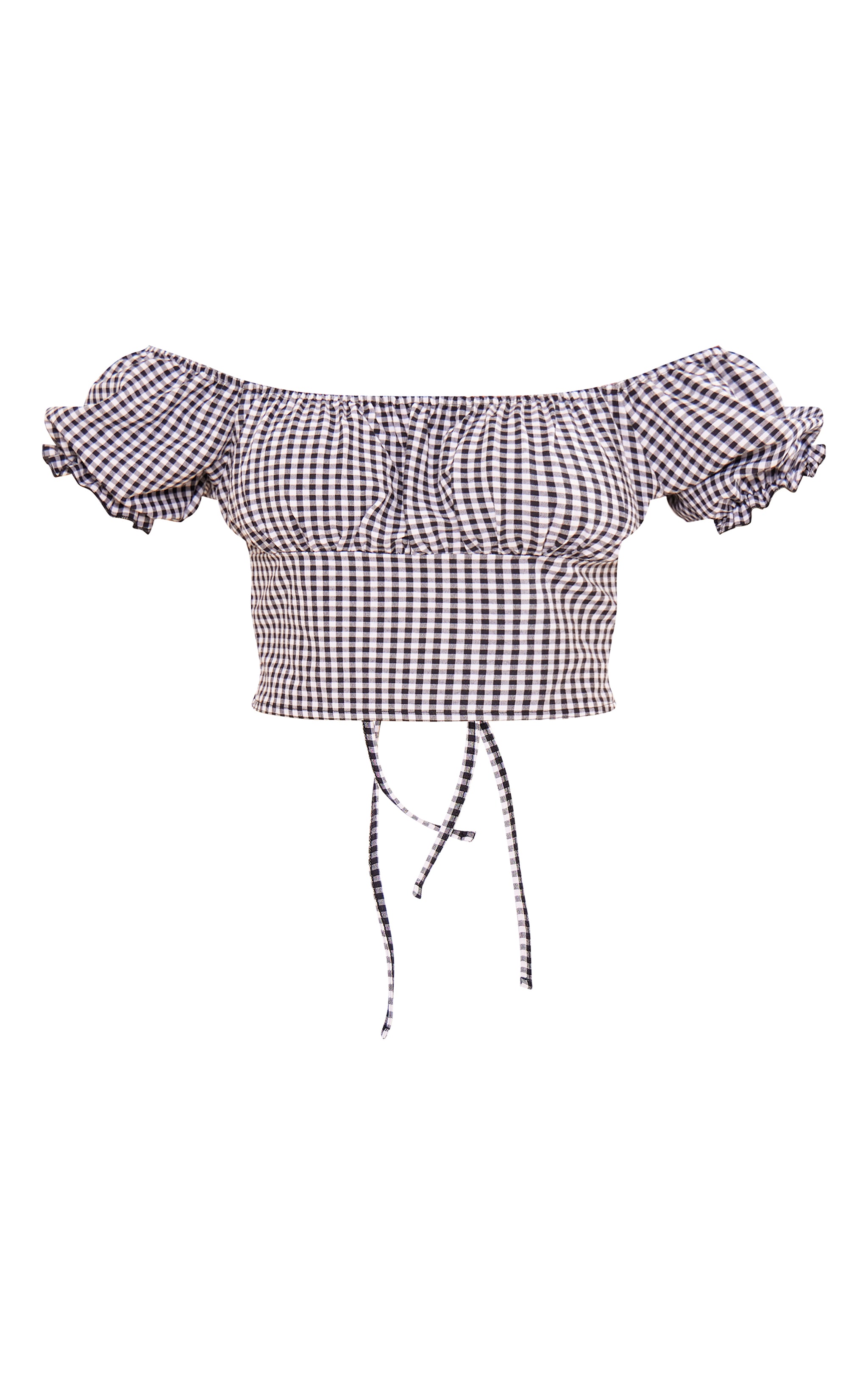 Black Gingham Puff Sleeve Tie Back Crop Top image 5