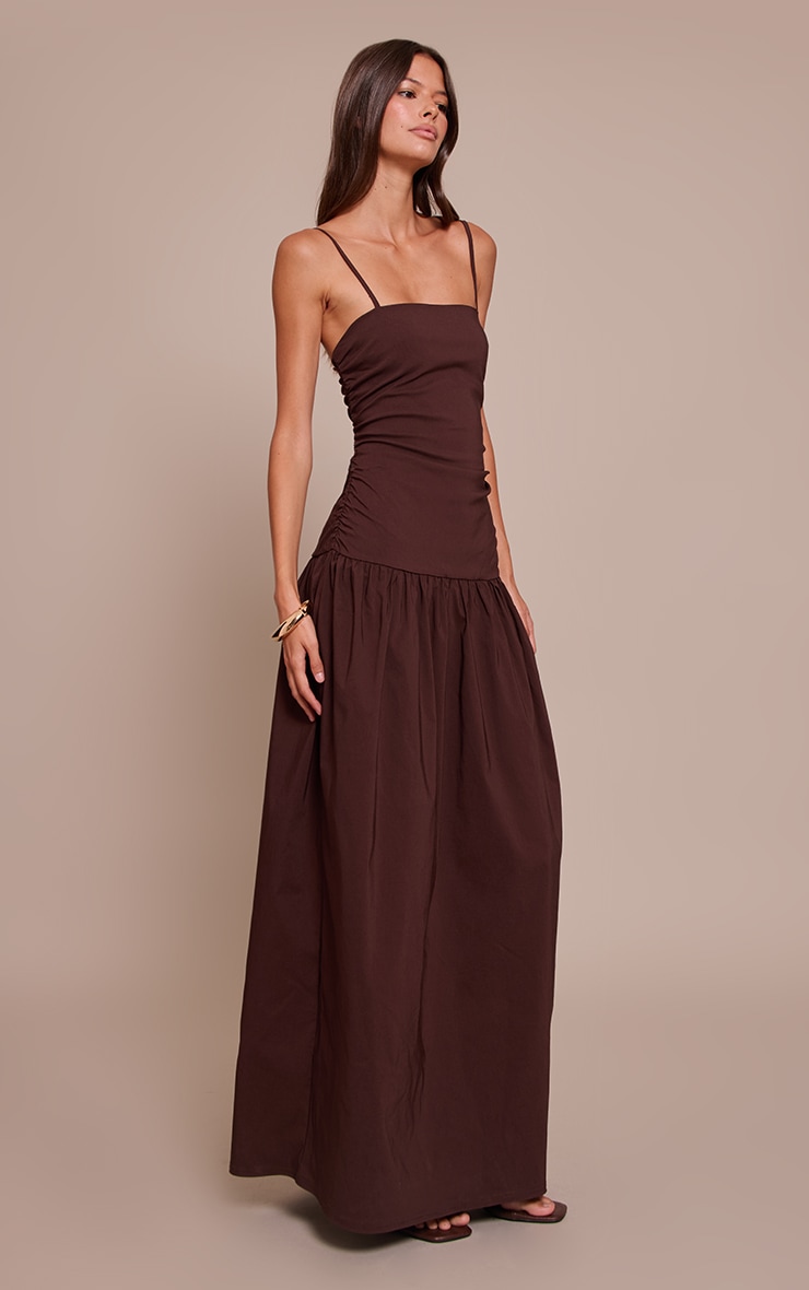 Chocolate Stretch Woven Strappy Ruched Maxi Dress image 3