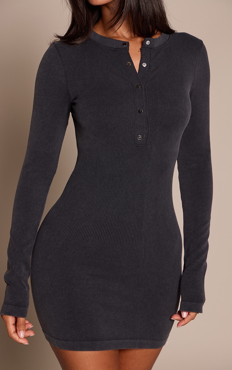 Petite Charcoal Contour Rib Button Through Long Sleeve Mini Dress image 4