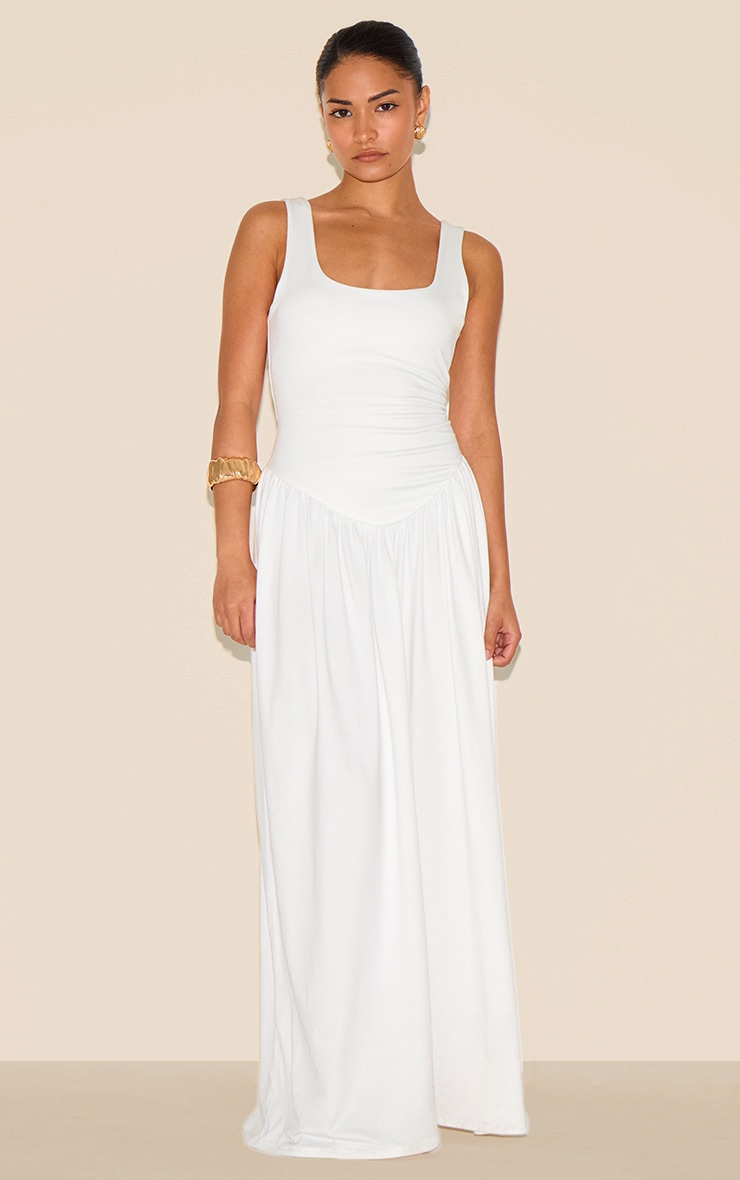 Petite White Contour Jersey Scoop Neck Pleated Maxi Dress