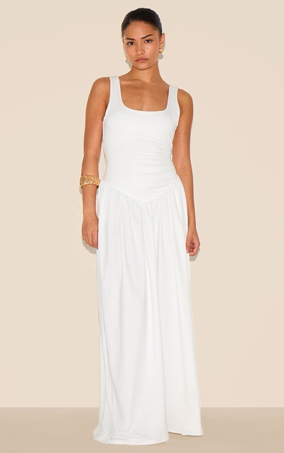 Petite White Contour Jersey Scoop Neck Pleated Maxi Dress
