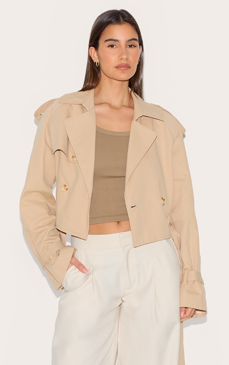 ◆PrettyLittleThing◆Cropped Trench コート ベルト付き 送料込 Beige Cropped Belted Hem Trench Coat | Outerwear