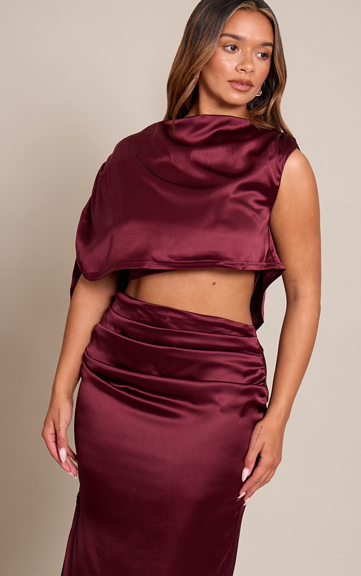 Shape Burgundy Satin Cowl Drape Top