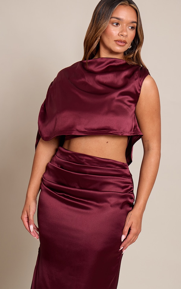 Shape Burgundy Satin Cowl Drape Top