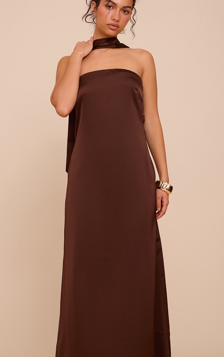 Chocolate Satin Bandeau Scarf Detail Maxi Dress image 1