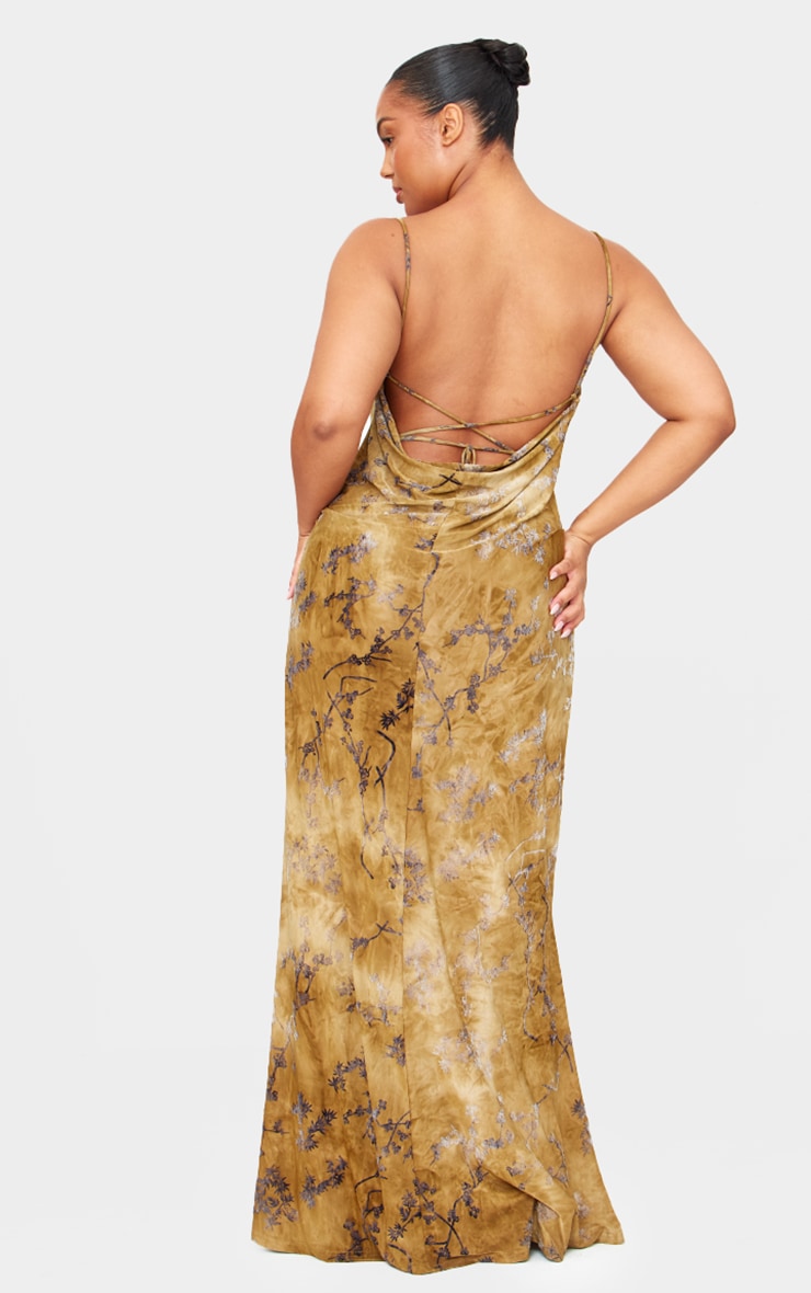 Plus Green Devore Cowl Neck Lace Up Back Maxi Dress image 2