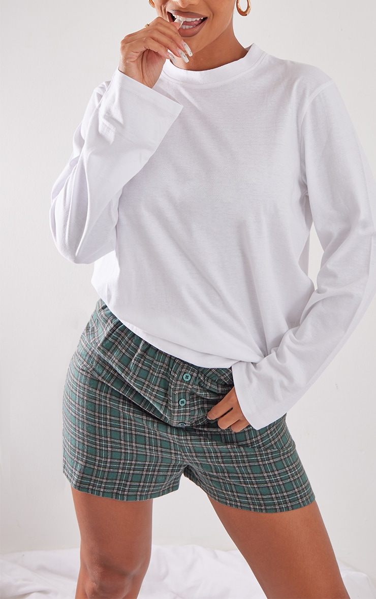 Green Cotton Check Short & Long Sleeve T-shirt Pj Set image 3