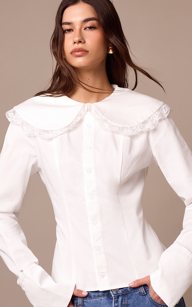  White Cotton Lace Trim Long Sleeve Shirt image 4