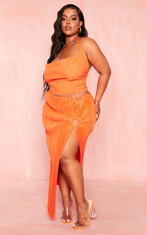 Plus Bright Orange Side Split Plisse Midi Skirt