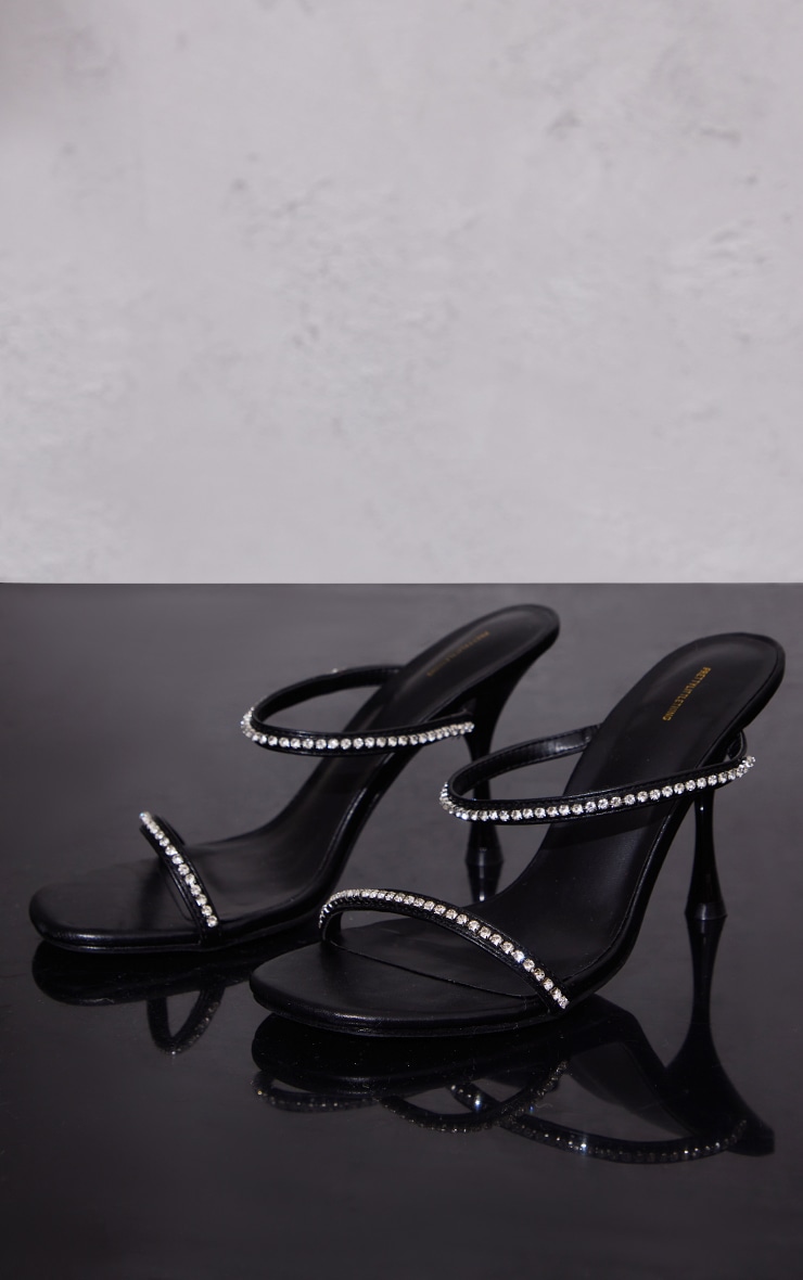 Black Wide Fit PU Diamante Strap Detail Mid Heeled Mules image 1