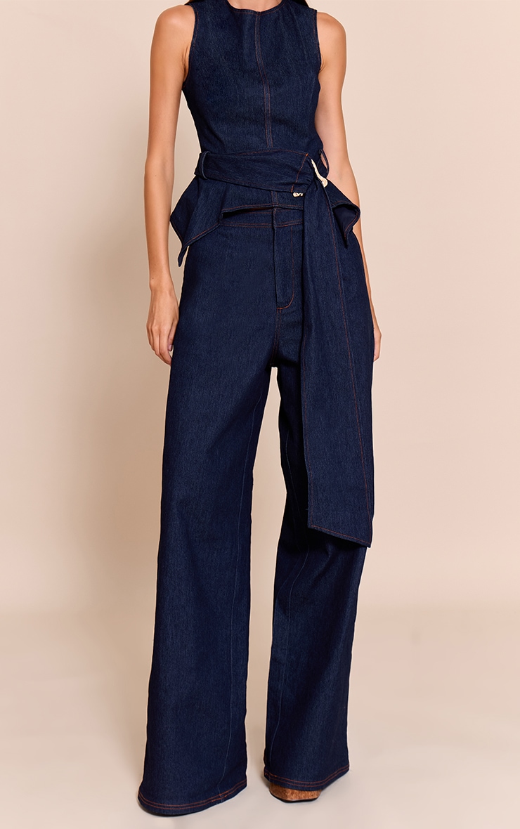 Indigo Blue Chambray Denim Wide Leg Pants image 2