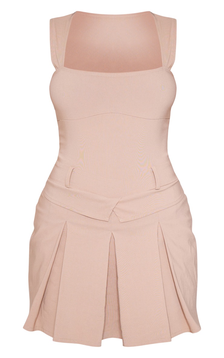 Taupe Stretch Woven Pleated Square Neck Shift Dress image 5