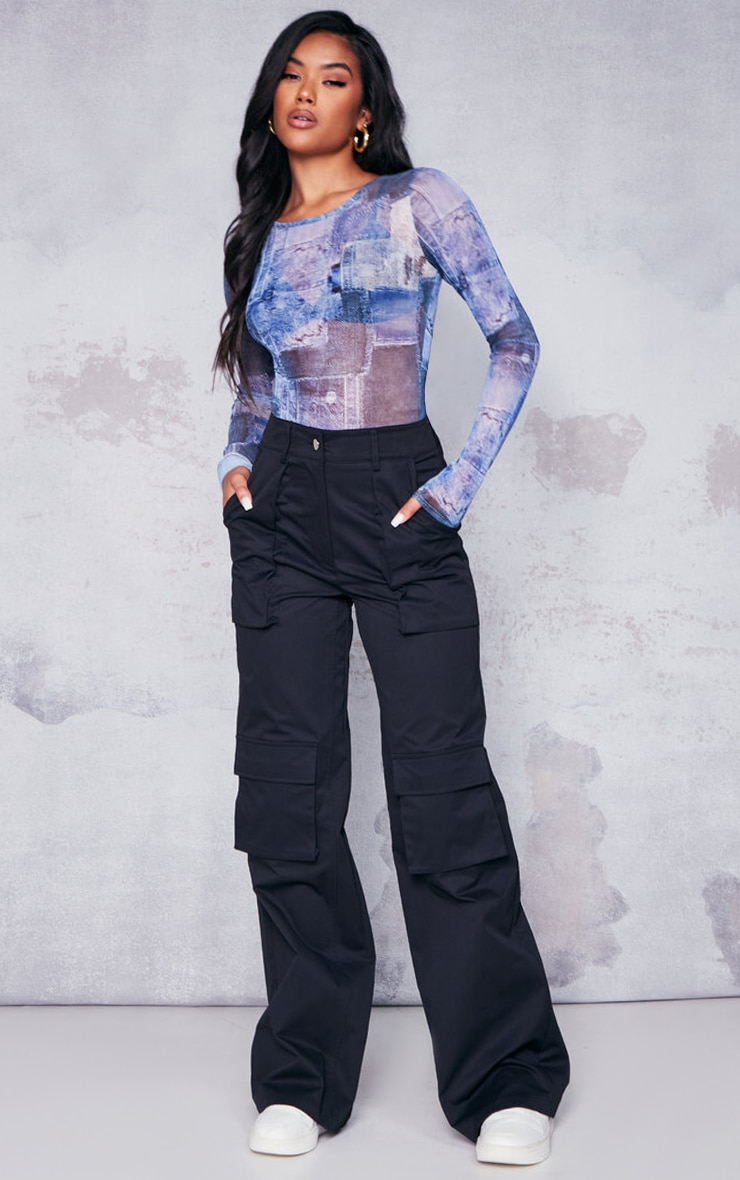 Blue Swirl Print Mesh Long Sleeve Bodysuit