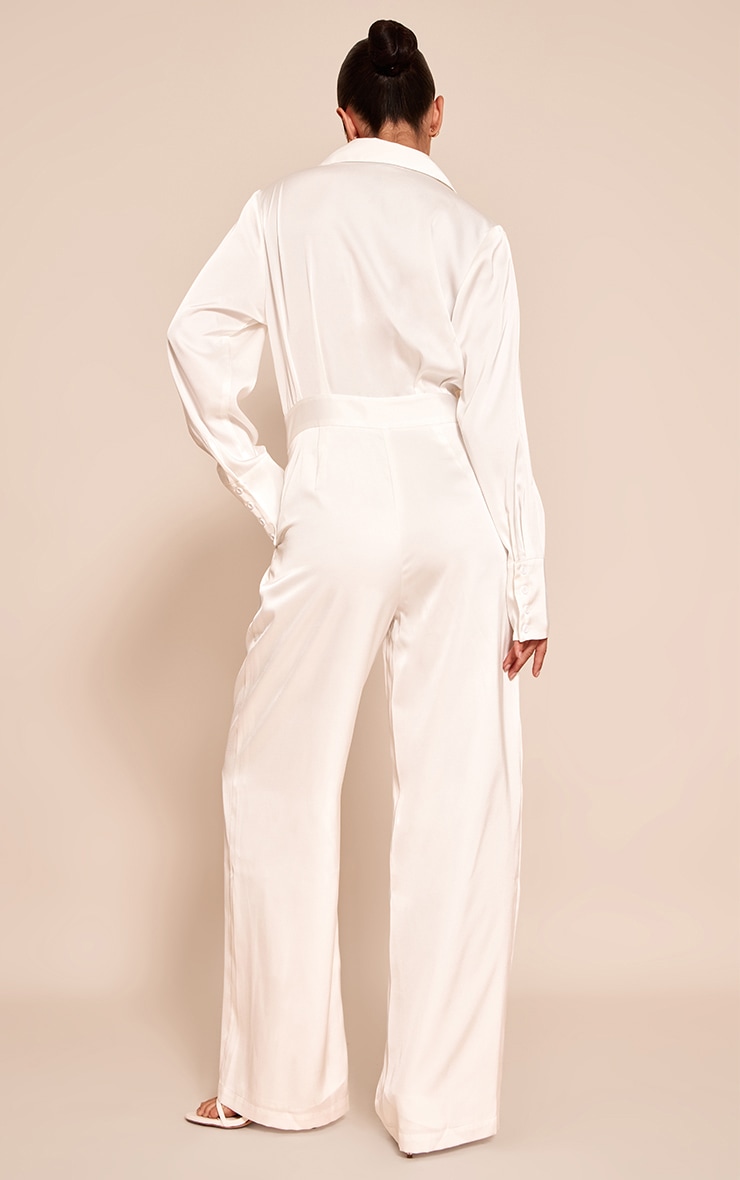 White Satin Shirt Detail Wide Leg Jumpsuit image 2