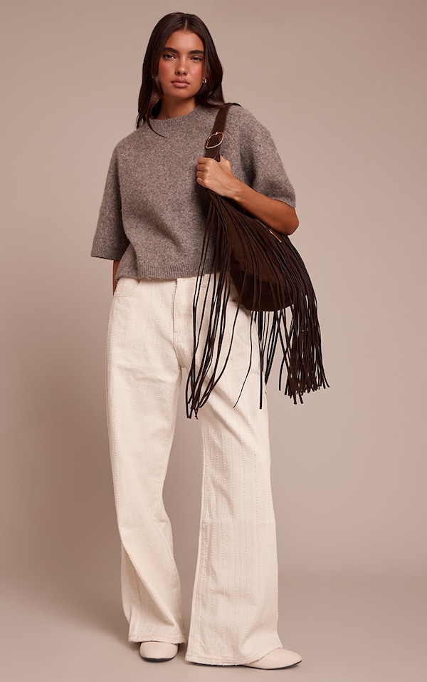 White Boucle Denim Wide Leg Jean