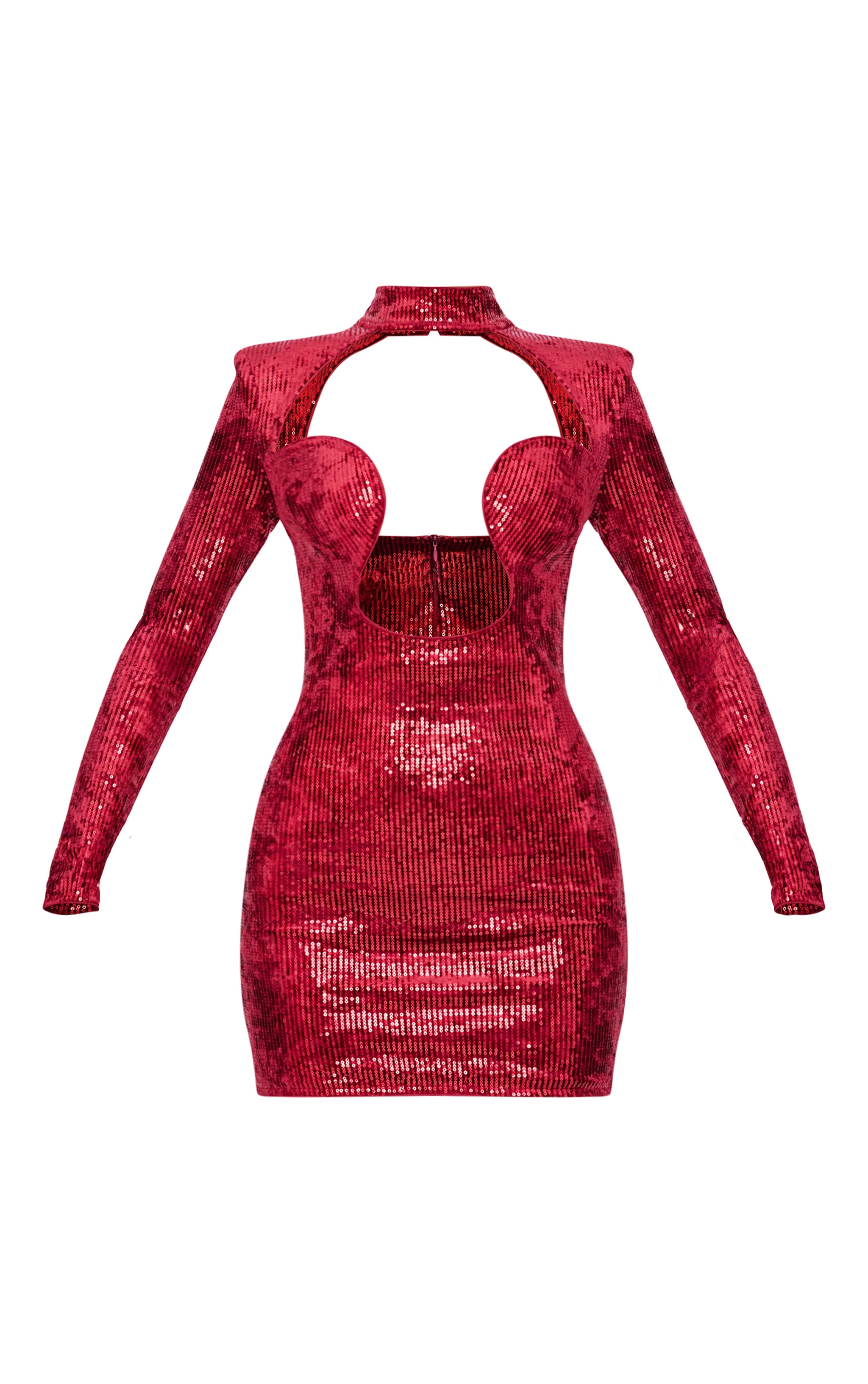 Cherry Red Sequin Underwire Detail Long Sleeve Bodycon Dress image 5