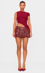 Burgundy Velvet Mixed Sequin Mini Puffball Skirt