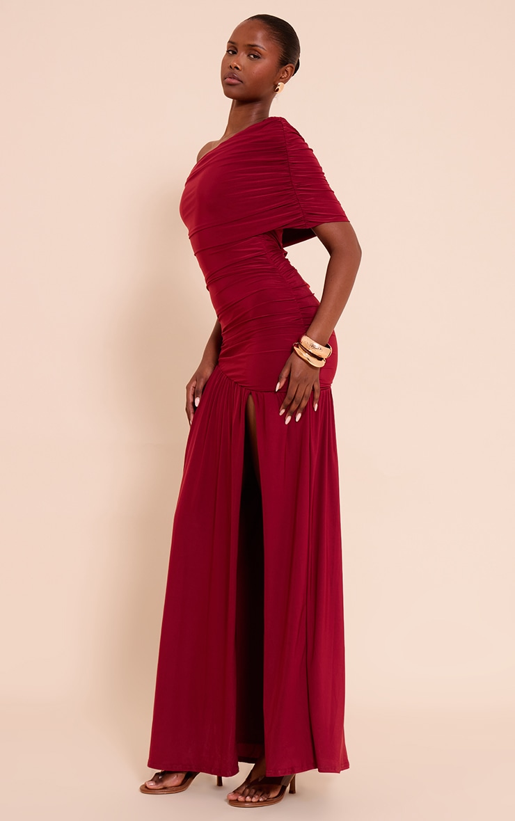 Burgundy Double Layer Slinky Bardot One Shoulder Ruched mi-longue Dress image 3