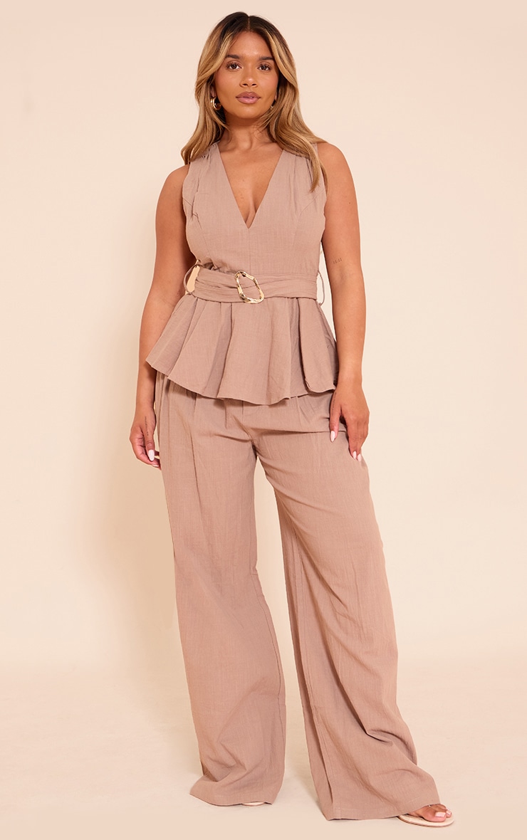 Shape Mocha Linen Gold Trim Belted Peplum Top image 3