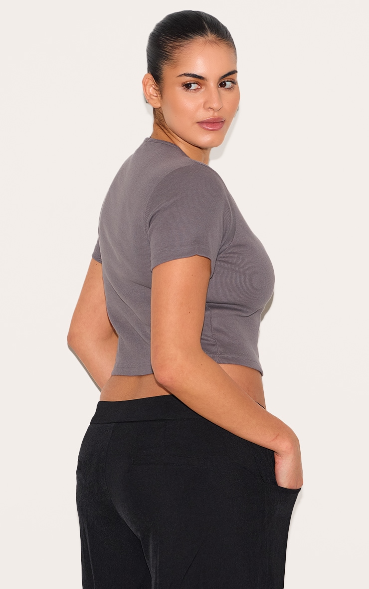 Plus Charcoal Grey Basic Rib Short Sleeve Crop Tops image 2