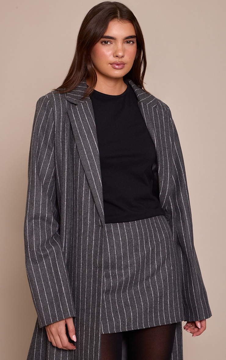 Grey Pinstripe Wool Look Mini Skirt