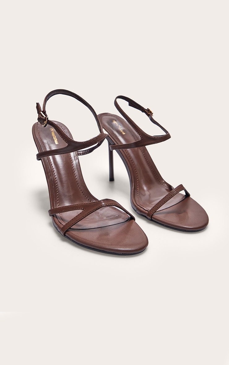 Chocolate PU Round Toe Asymmetric Strap High Stiletto Heeled Sandals image 2