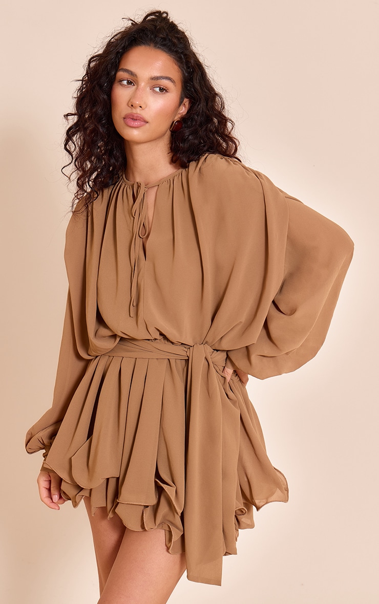 Chocolate Floaty Tie Detail Long Sleeve Shift Dress image 1