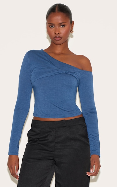 Petrol Blue Contour Jersey Asymmetric Twist Detail Long Sleeve Top