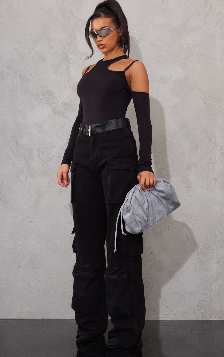 Black Slinky Strappy Cold Shoulder Bodysuit image 3