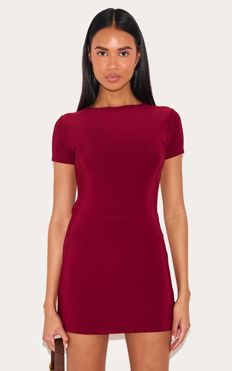 Burgundy Double Layer Cap Sleeve Slinky Skort Playsuit image 1