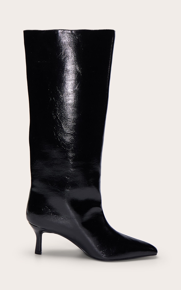 Black Crinkle PU Kitten Heeled Knee High Boot image 2