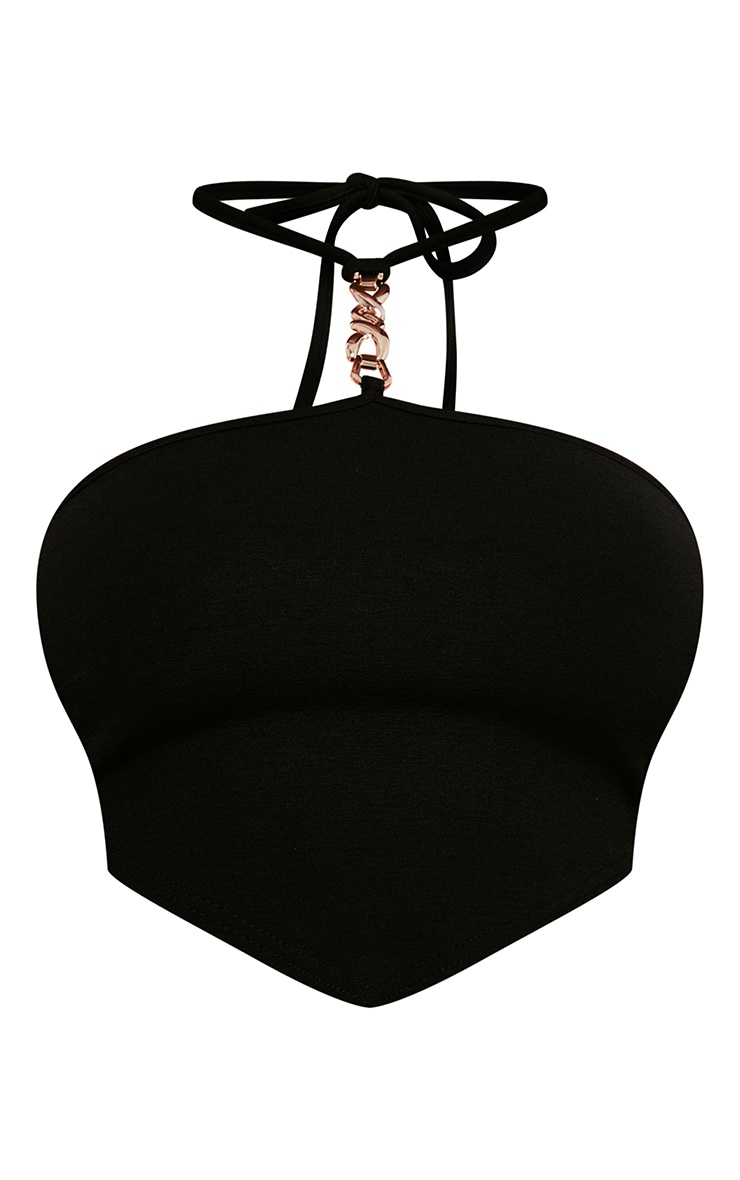 Shape Black Textured Chain Detail Halterneck Crop Top image 5