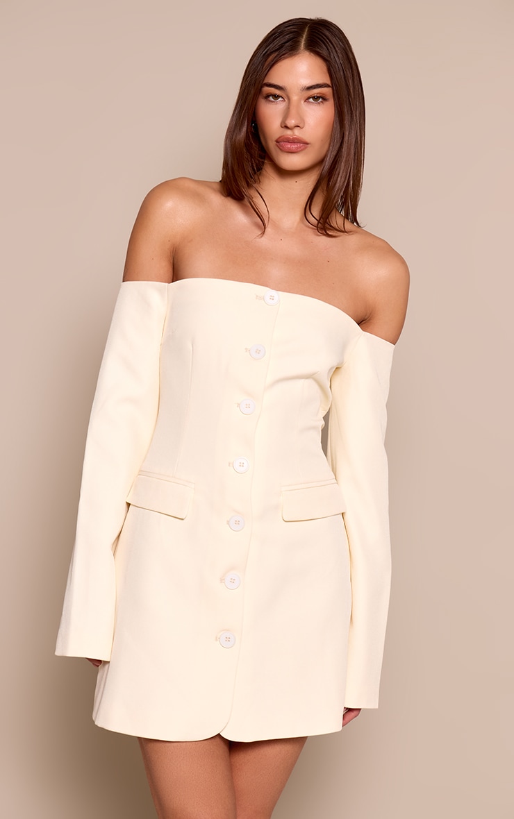 Cream Tailored Woven Bardot Button Down Shift Dress