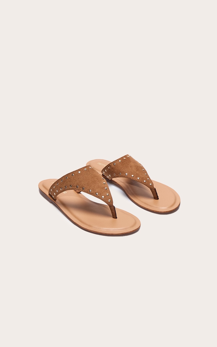 Tan Faux Suede Stud Detail Toe Thong Flat Sandals image 2