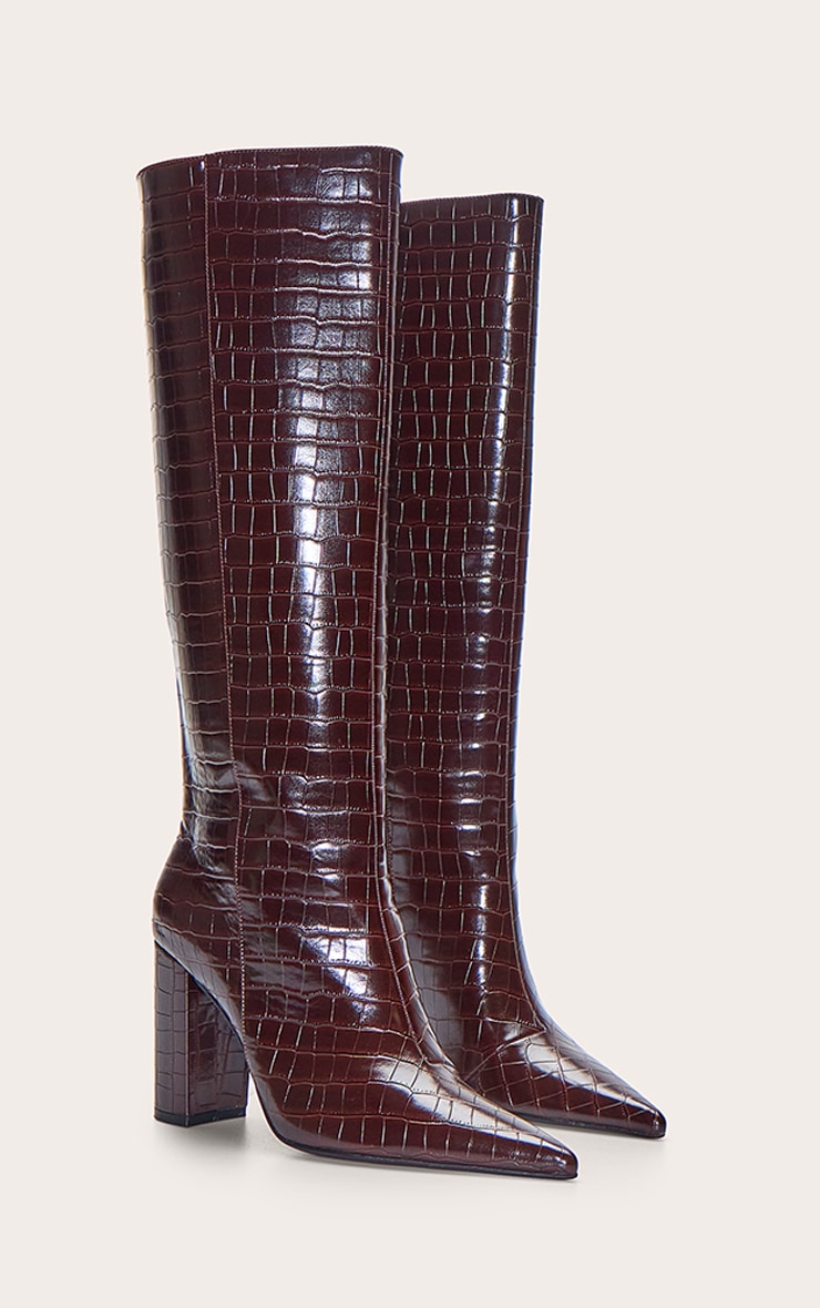 Chocolate Croc Point Toe Block Heel Knee High Boot image 3
