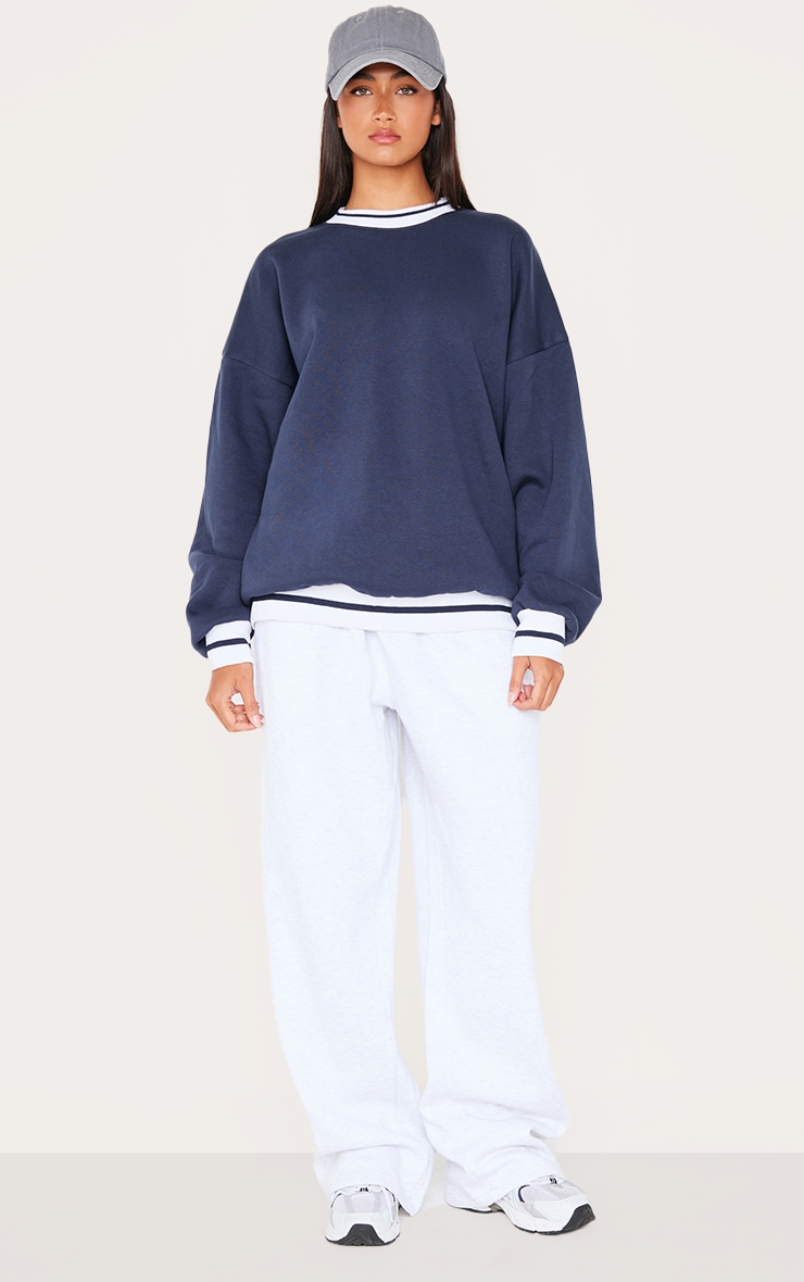 Navy Striped Ribbed Hem Oversized Sweatshirt image 3