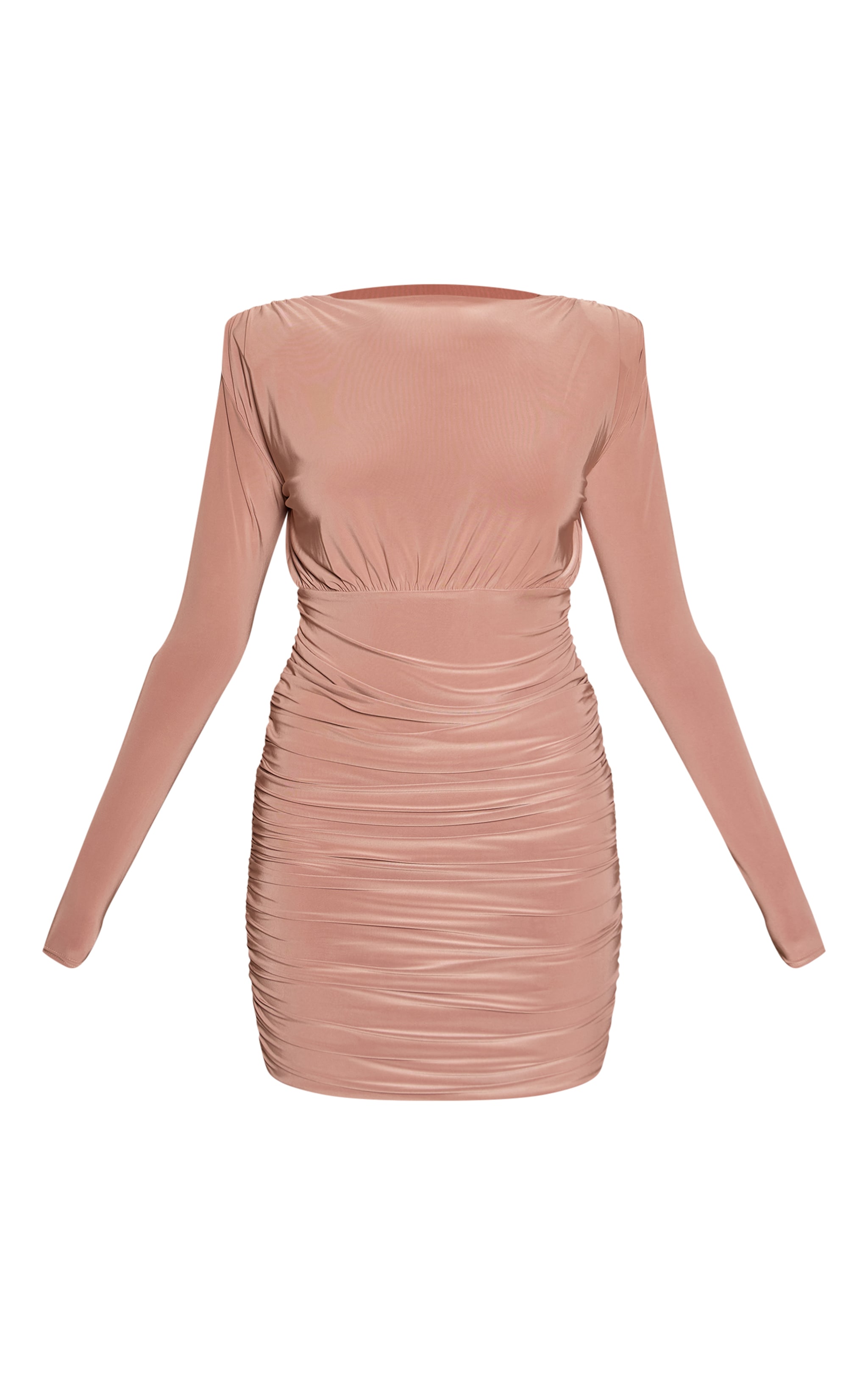 Taupe Double Layer Slinky Structured Long Sleeve Ruched Mini Dress image 5