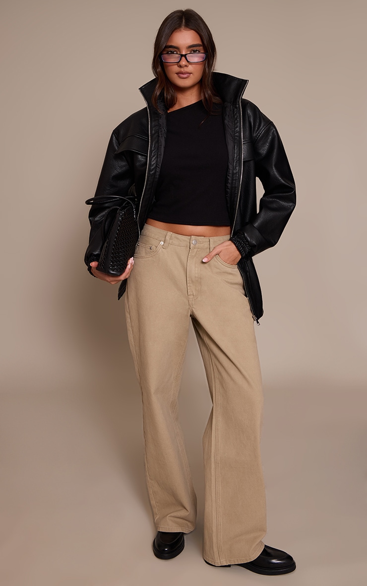 Black Soft Brushed Rib Asymmetric Neckline Long Top   image 3