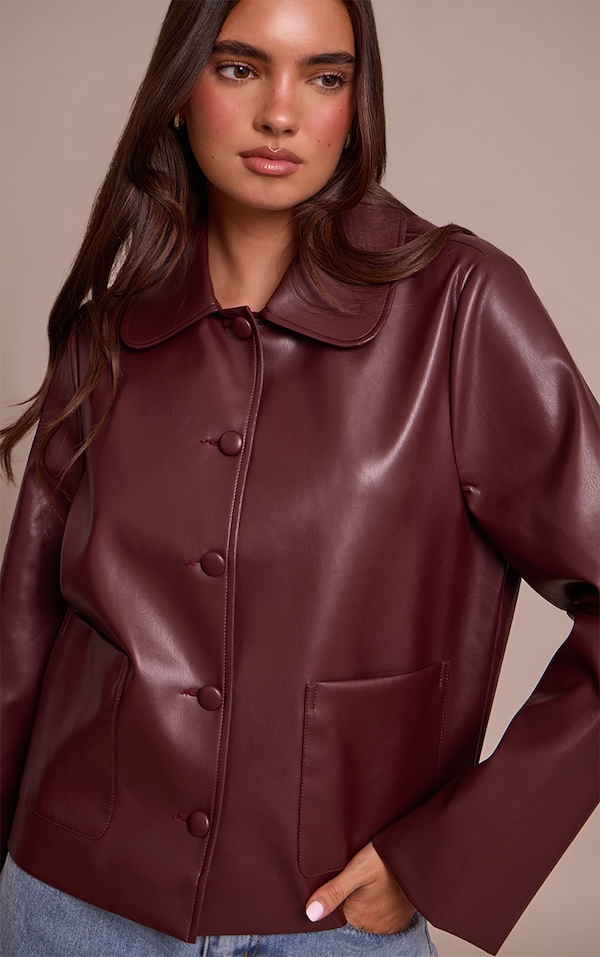 Burgundy PU Button Up Jacket