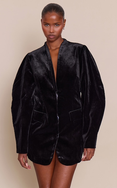 Robe blazer en velours noir à manches ballon