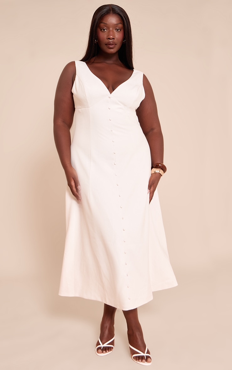 Plus Cream Tailored Woven Plunge Button Down Midi Dress image 1