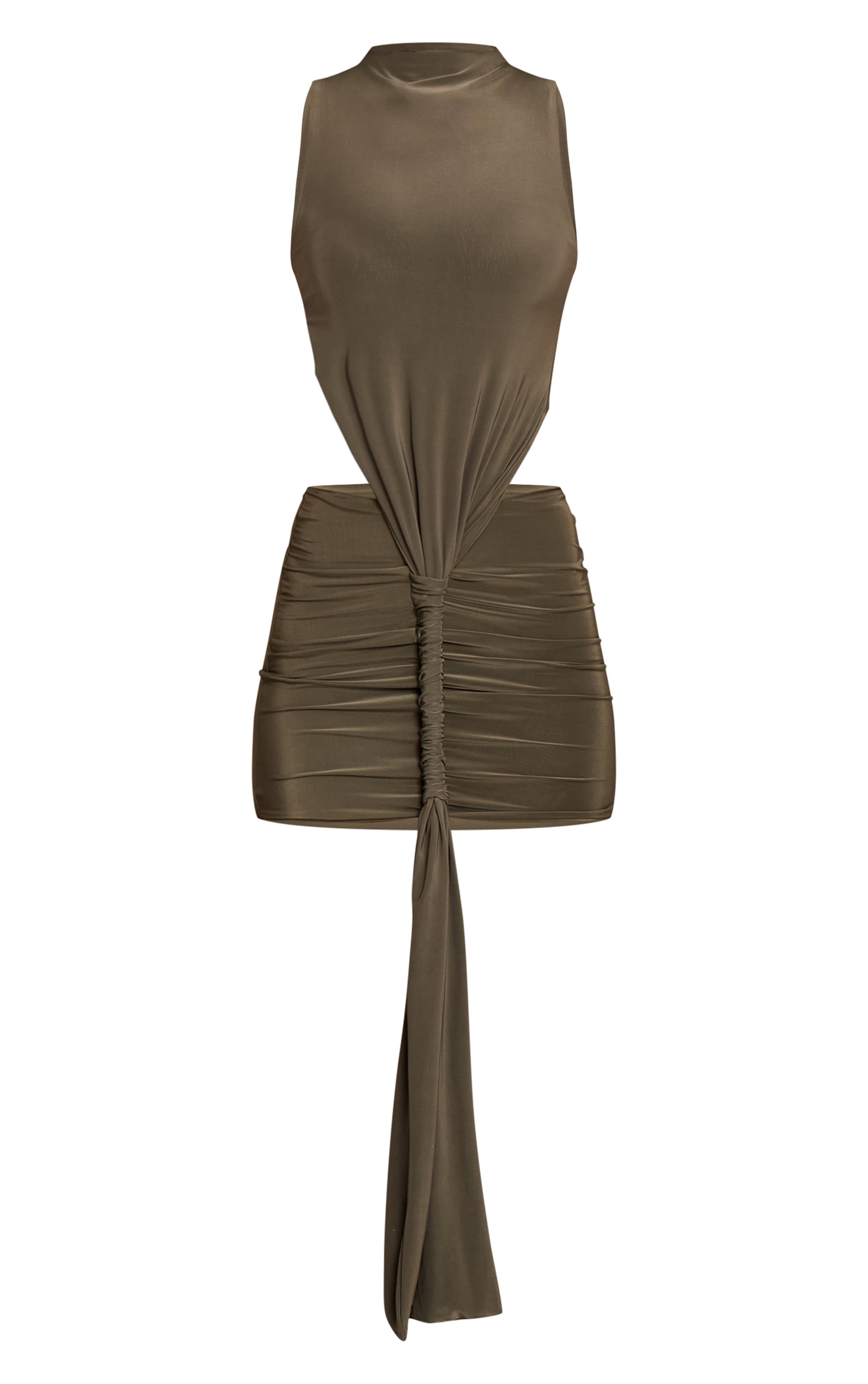 Khaki Slinky Cut Out Ruched High Neck Mini Dress image 5