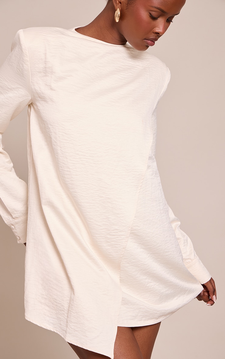 Cream Textured Long Sleeve Mini Smock Dress image 4