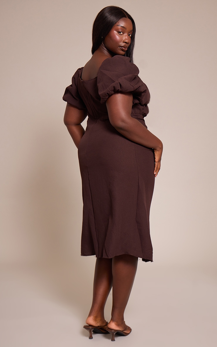 Plus Chocolate Puff Sleeve Ruched Split Side Midi Dress image 2