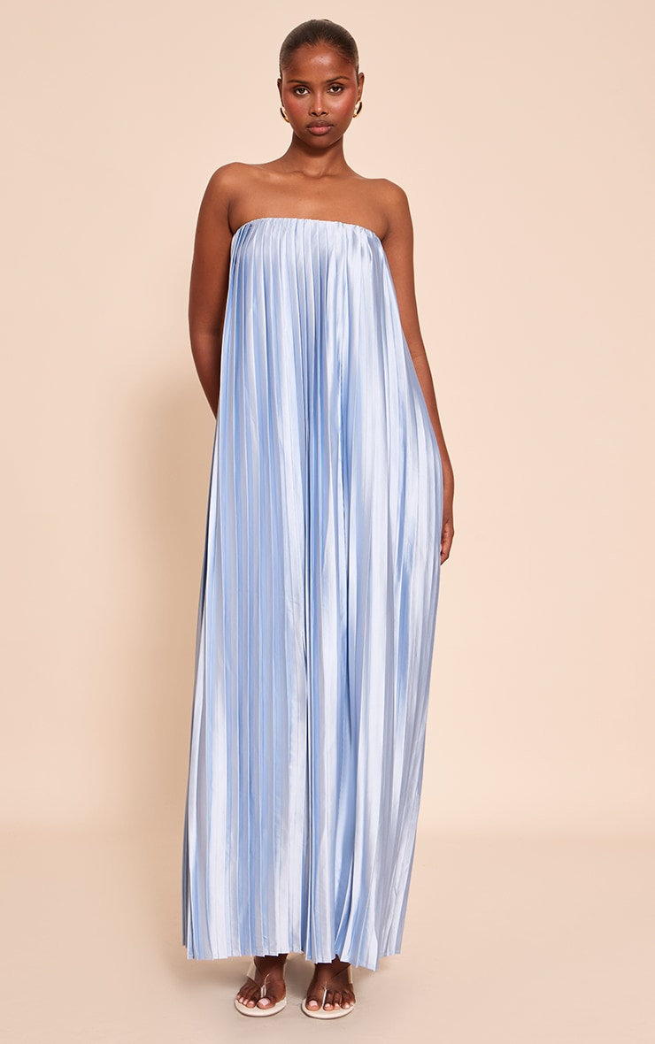 Light Blue Pleated Satin Bandeau Maxi Dress image 3