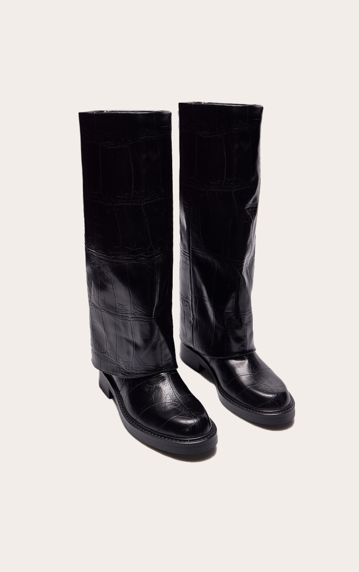 Black Croc Fold Over Knee High Boot image 3