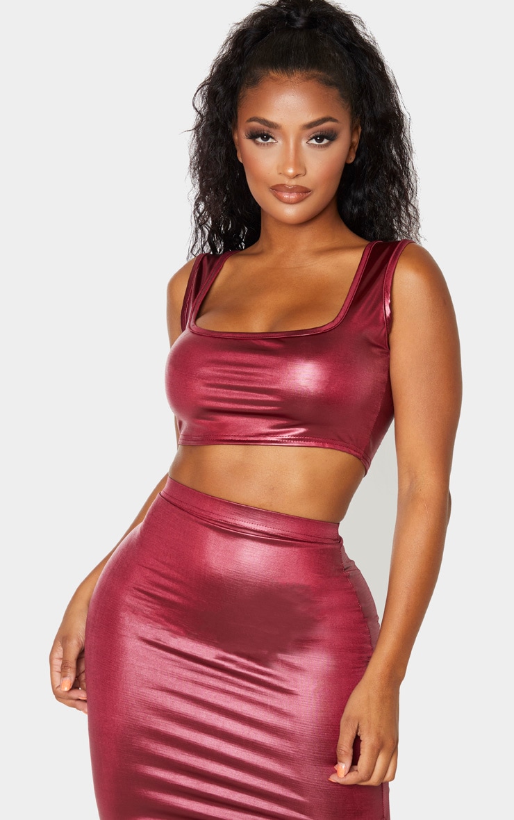 Shape Burgundy Metallic Slinky Square Neck Cropped Top
