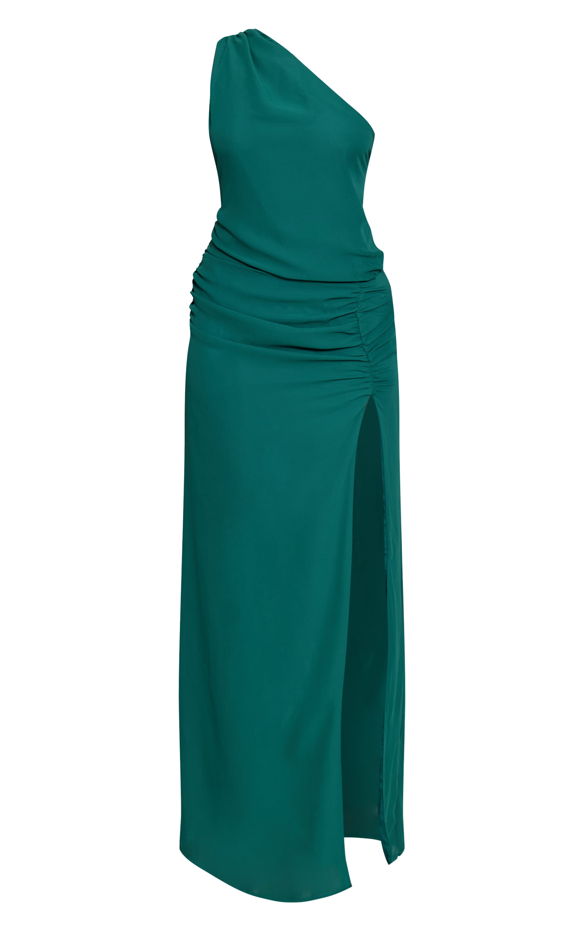 Robe longue en mousseline de soie vert émeraude froncée à épaule unique image 5